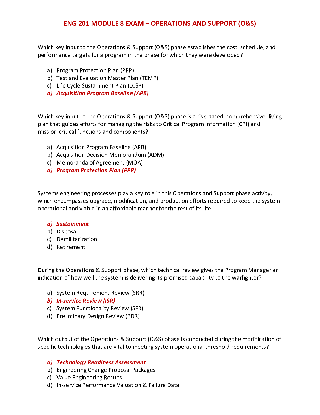 Preview of ENGLISH 201 / ENG 201 MODULE 8 EXAM – OPERATIONS AND SUPPORT (O&S)